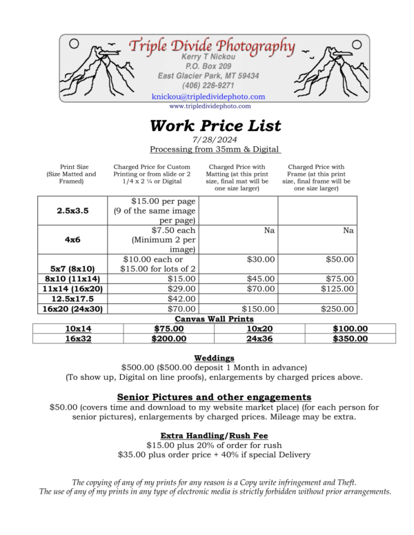 Triple Divide Photography Work Price List