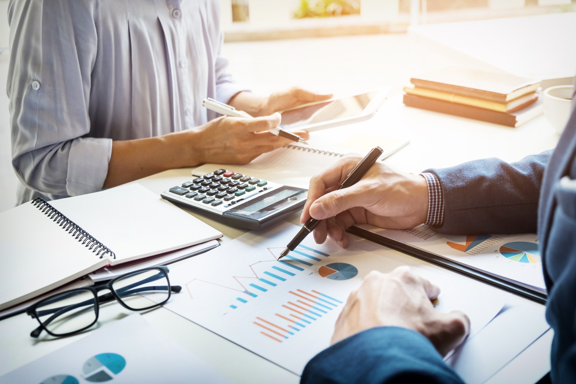business man financial inspector and secretary making report