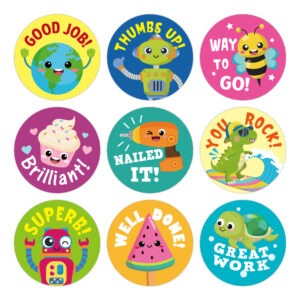 A collection of colorful stickers featuring various designs and inspirational phrases arranged artistically.