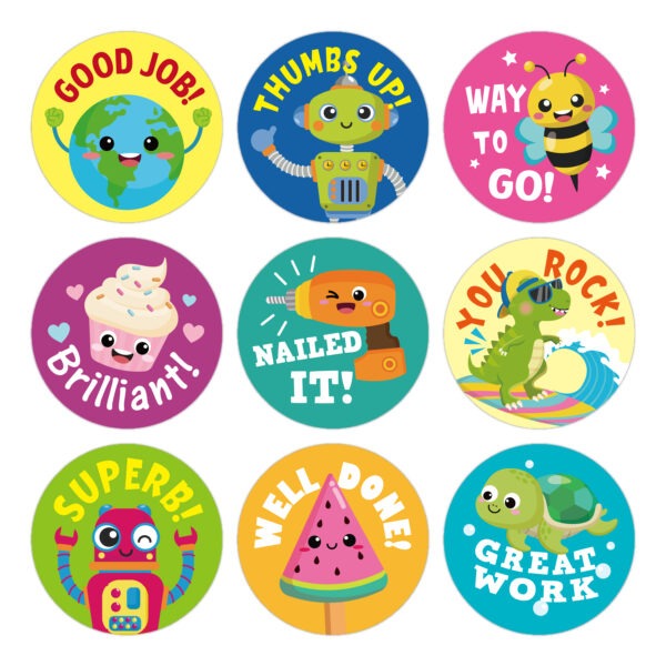 A collection of colorful stickers featuring various designs and inspirational phrases arranged artistically.