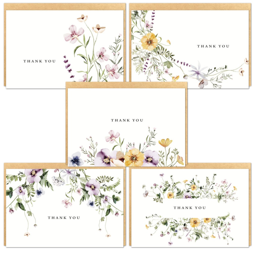 Elegant floral thank you cards adorned with gold foil accents, perfect for expressing gratitude in style.