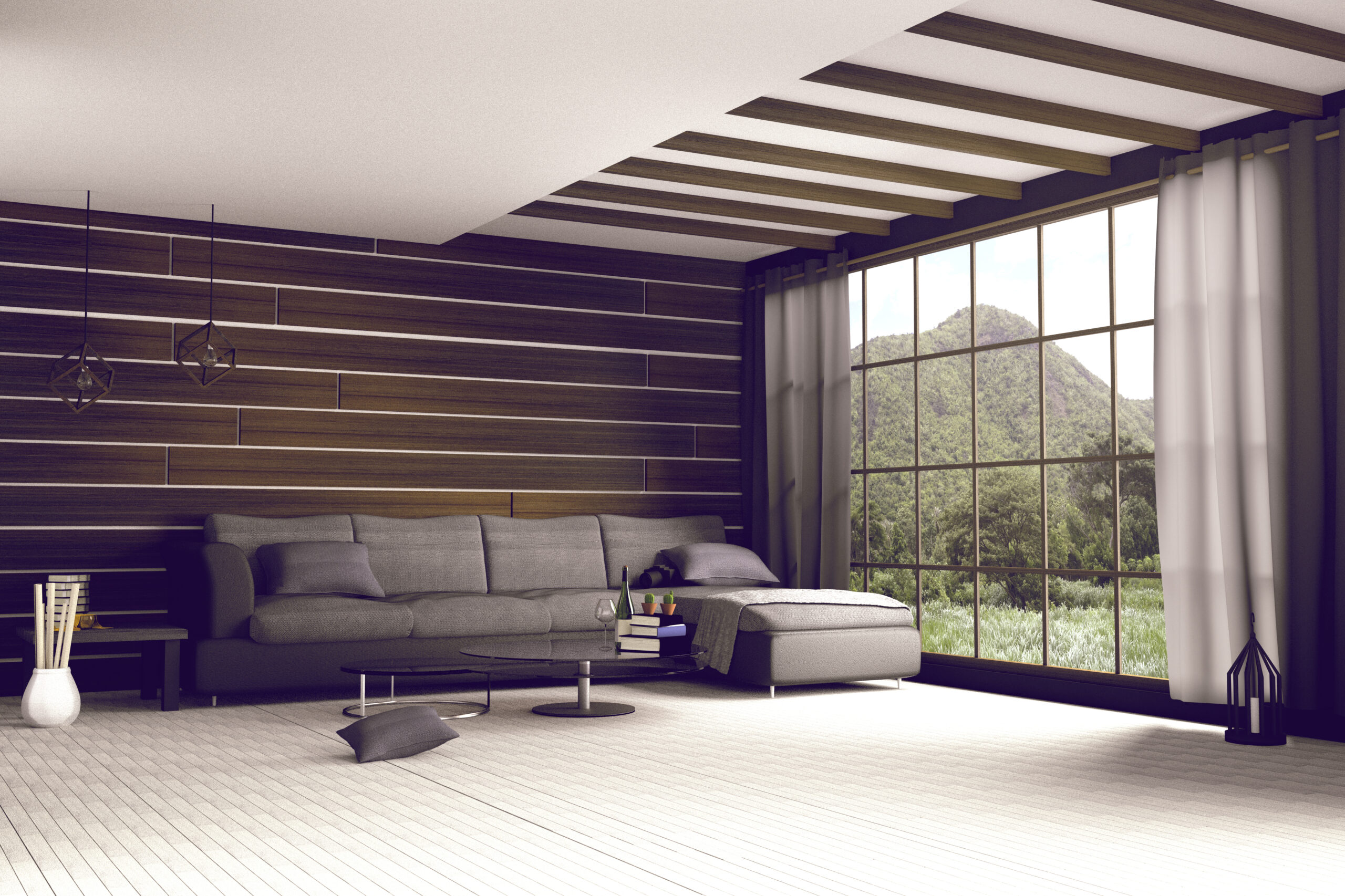 White room interior in wooden style. with glass window and mountain view
