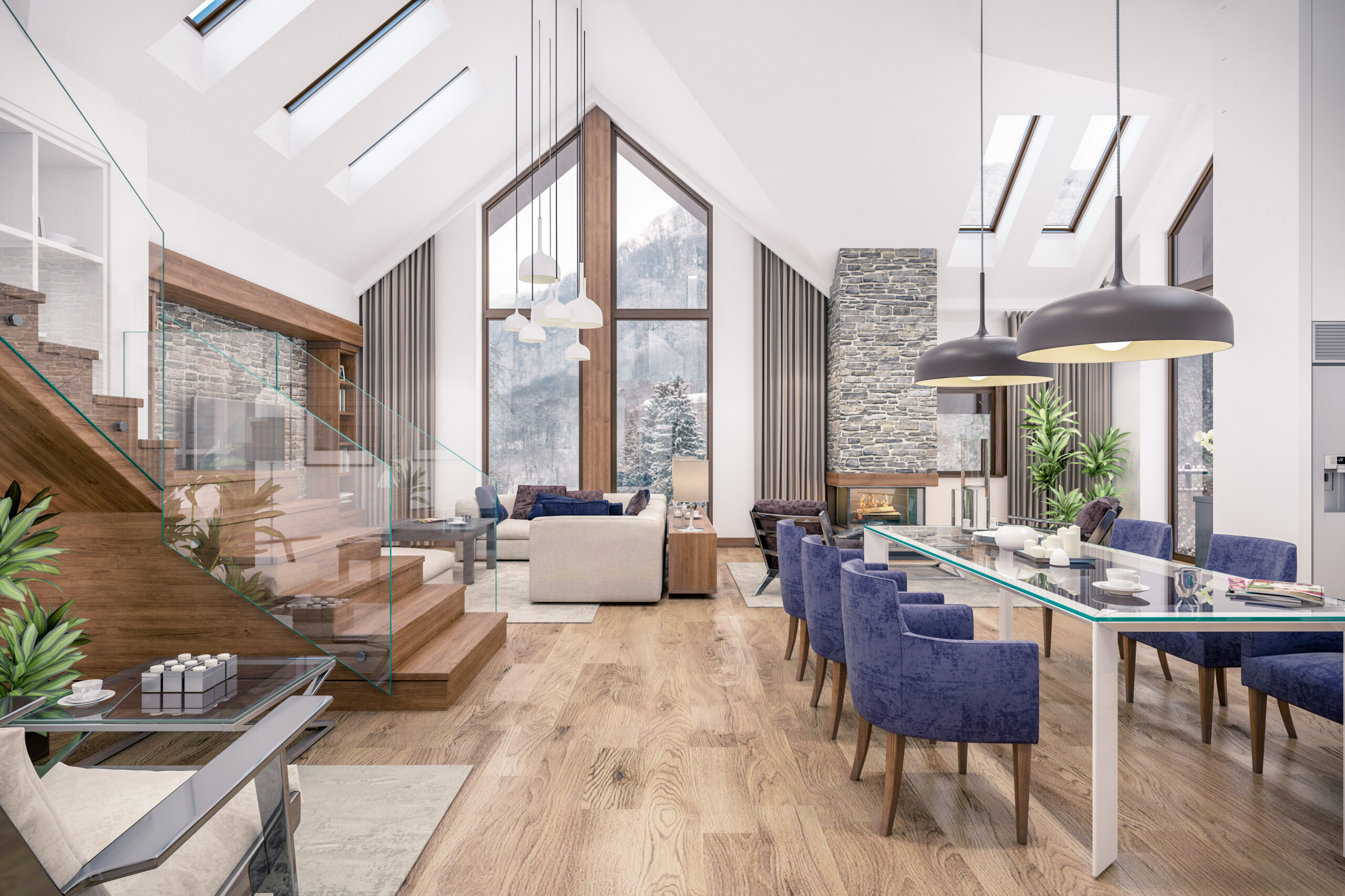 Living room kitchen and dining room