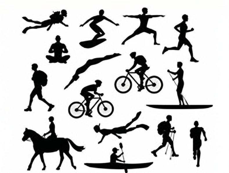 Silhouettes of diverse people engaged in various sports activities against a colorful background