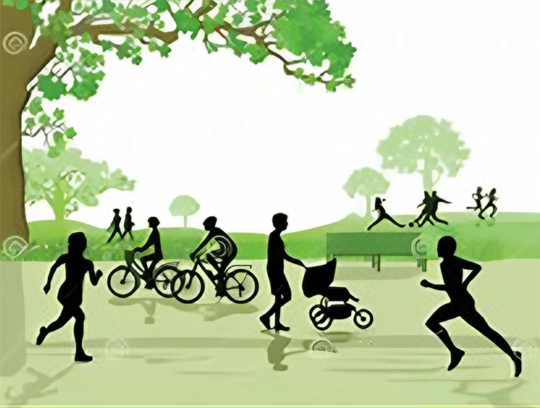 A group of people jogging together in a sunny park, surrounded by trees and green grass