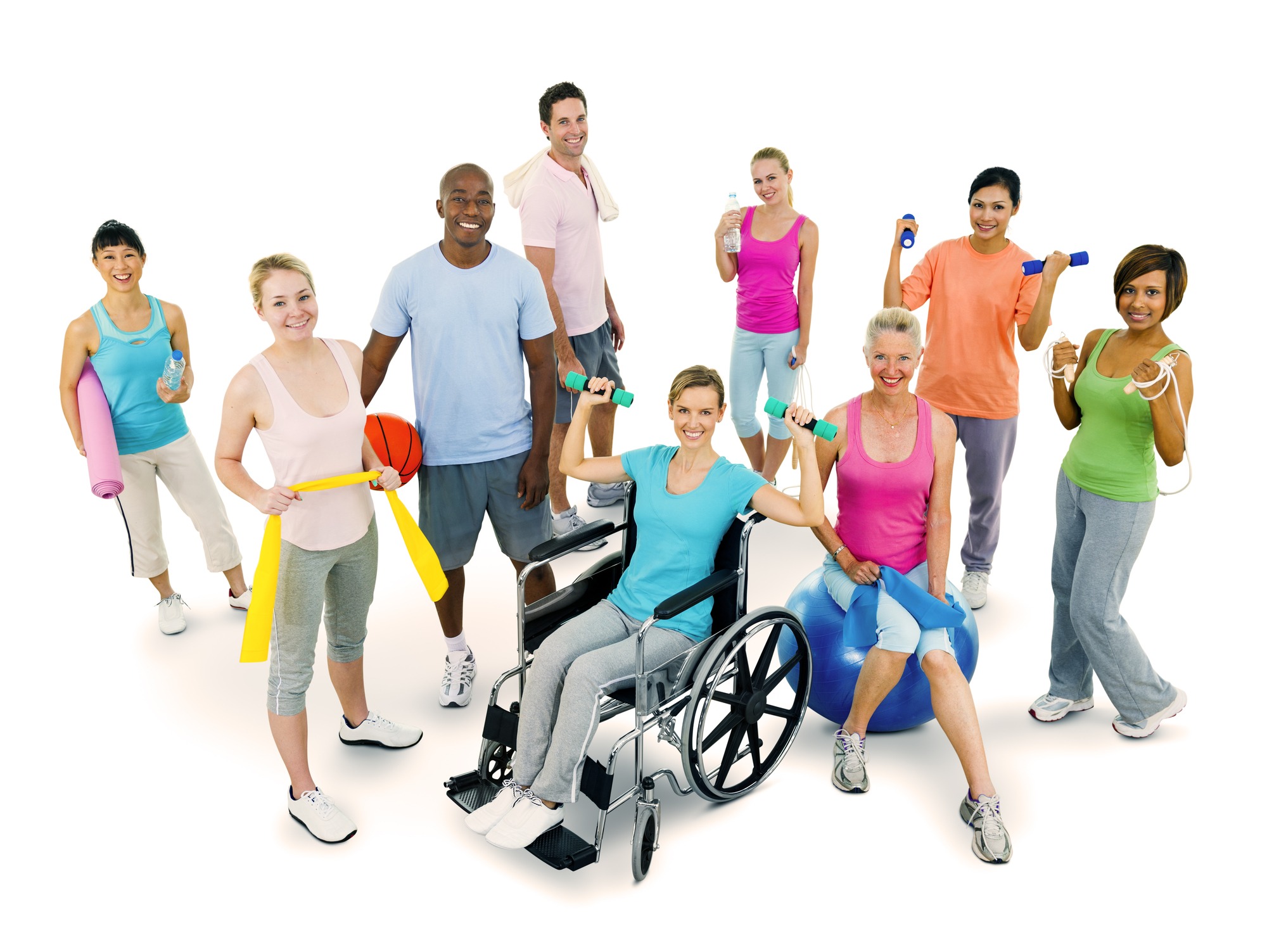 A diverse group of people using exercise equipment