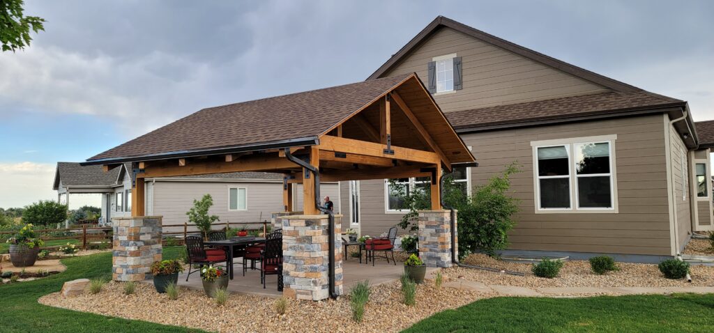 Front view of a house with newly added patio of a house